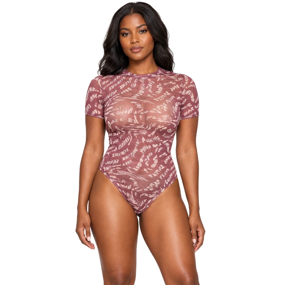 SKIMS Summer Mesh Short Sleeve Bodysuit Raspberry Swirl Logo XS BS-TSH-0666